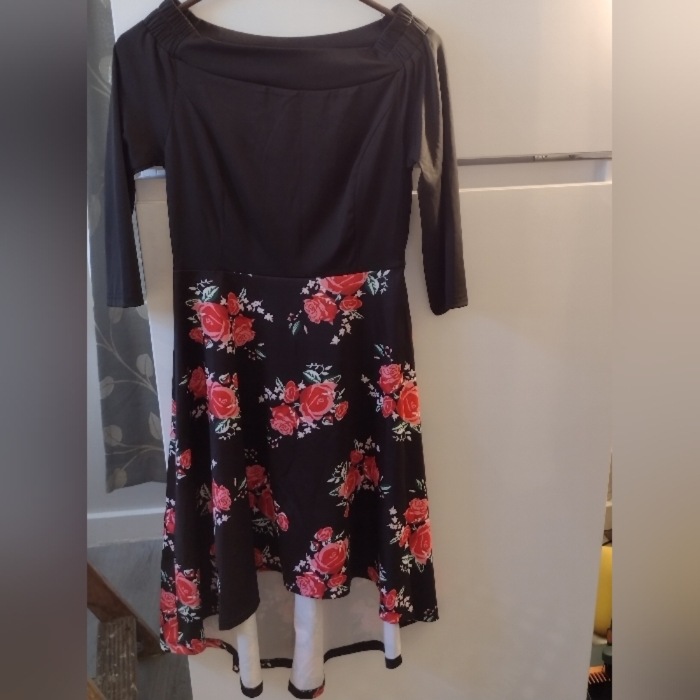 Pink and Black Off the Shoulder Fit and Flare Midi Dress Size S.